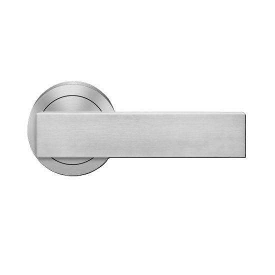 The Karcher Milano Passage Lever with Round 3 Piece Rosette-2 ¾″ Backset in Satin Stainless Steel finish