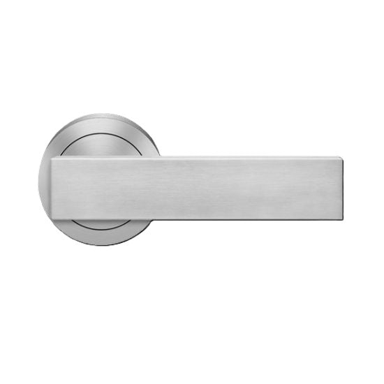 The Karcher Milano Passage Lever with Round 3 Piece Rosette-2 ⅜″ Backset in Satin Stainless Steel finish