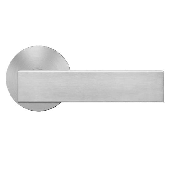 The Karcher Milano Passage Lever with Round Plan Design Rosette-2 ¾″ Backset in Satin Stainless Steel finish