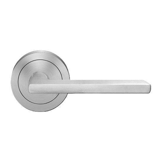 The Karcher Montana Passage Lever with Round 3 Piece Rosette-2 ¾″ Backset in Satin Stainless Steel finish