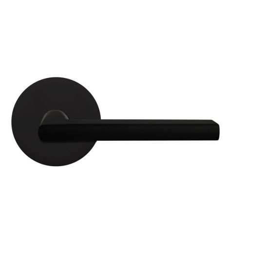 The Karcher Montana Passage Lever with Round Plan Design Rosette-2 ¾″ Backset in Cosmos Black finish