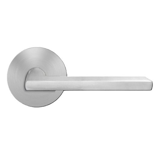 The Karcher Montana Passage Lever with Round Plan Design Rosette-2 ¾″ Backset in Satin Stainless Steel finish