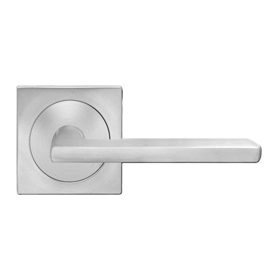 The Karcher Montana Passage Lever with Square 3 Piece Rosette-2 ¾″ Backset in Satin Stainless Steel finish