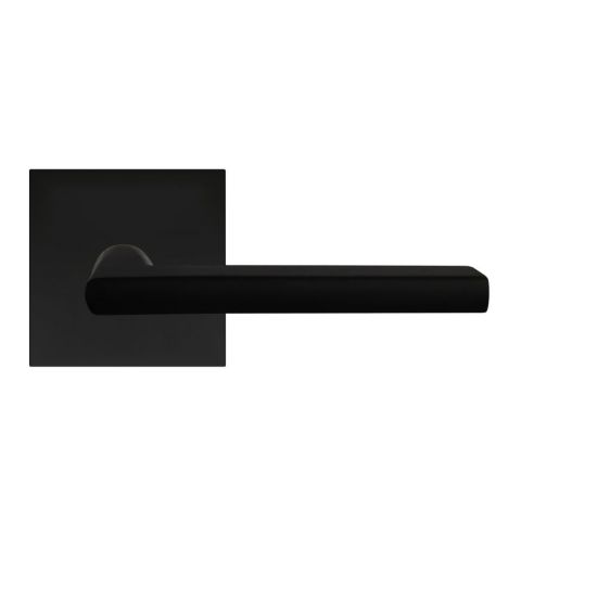 The Karcher Montana Passage Lever with Square Plan Design Rosette-2 ¾″ Backset in Cosmos Black finish