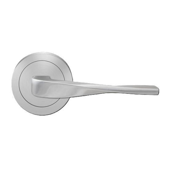 The Karcher Nevada Passage Lever with Round 3 Piece Rosette-2 ¾″ Backset in Satin Stainless Steel finish