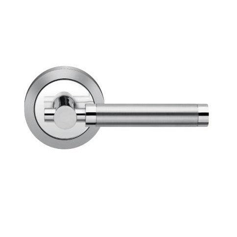 The Karcher New York Passage Lever with Round 3 Piece Rosette-2 ¾″ Backset in Polished and Satin Stainless Steel finish