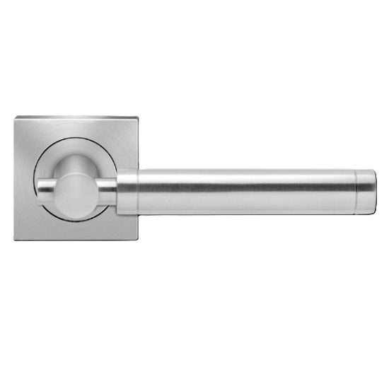 The Karcher New York Passage Lever with Square 3 Piece Rosette-2 ¾″ Backset in Satin Stainless Steel finish