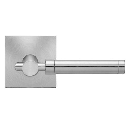 The Karcher New York Passage Lever with Square Plan Design Rosette-2 ¾″ Backset in Satin Stainless Steel finish