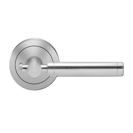 The Karcher New York Privacy Lever with Round 3 Piece Rosette-2 ¾″ Backset in Satin Stainless Steel finish