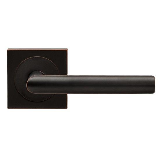 The Karcher Rhodos Passage Lever with Square 3 Piece Rosette-2 ¾″ Backset in Oil Rubbed Bronze finish