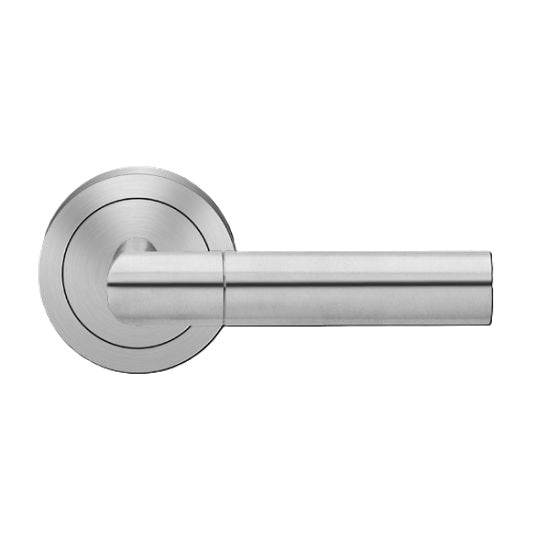 The Karcher Oregon Passage Lever with Round 3 Piece Rosette-2 ⅜″ Backset in Satin Stainless Steel finish