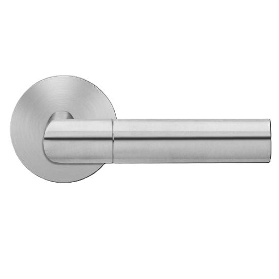 The Karcher Oregon Privacy Lever with Round Plan Design Rosette-2 ¾″ Backset in Satin Stainless Steel finish