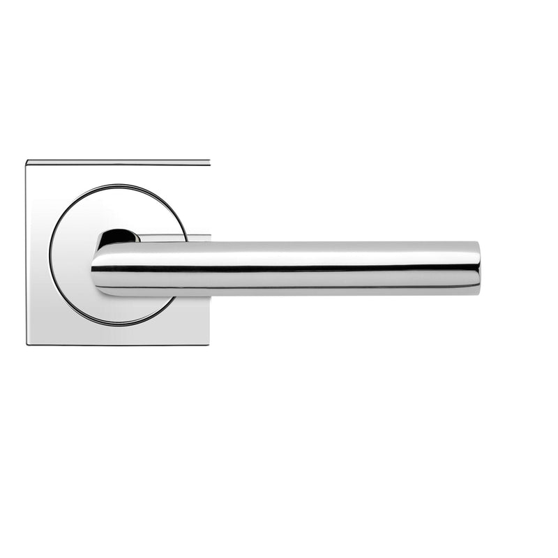 The Karcher Rhodos Passage Lever with Square 3 Piece Rosette-2 ¾″ Backset in Polished Stainless Steel finish