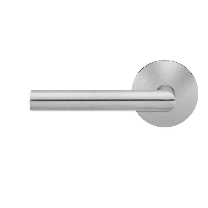 The Karcher Rhodos Left Handed Half Dummy Lever with Plan Design Round Rosette in Satin Stainless Steel finish