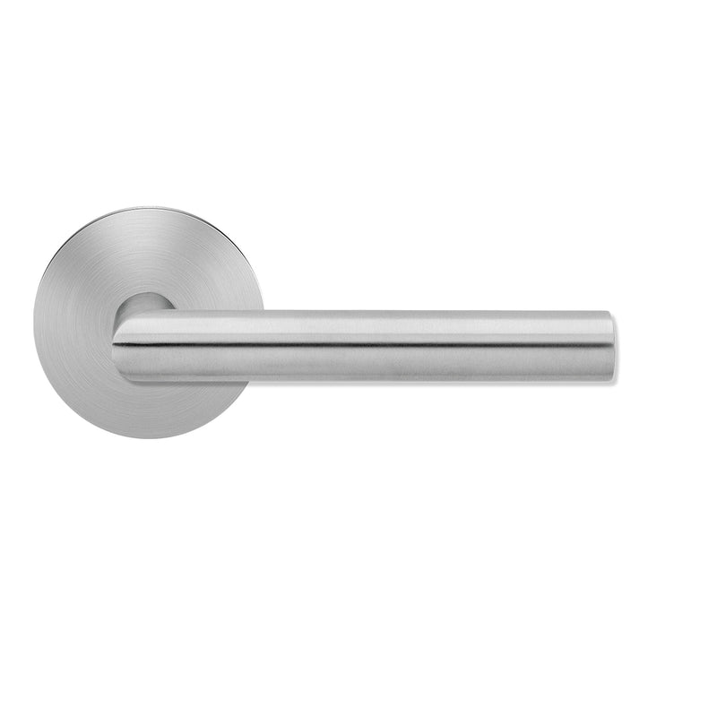 The Karcher Rhodos Passage Lever with Plan Design Round Rosette-2 ¾″ Backset in Satin Stainless Steel finish