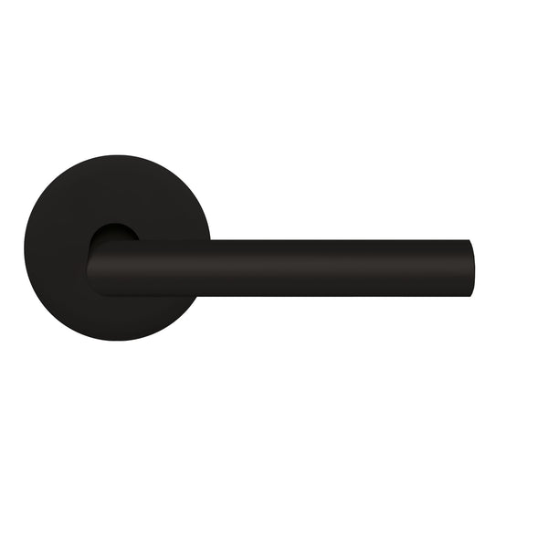 The Karcher Rhodos Passage Lever with Plan Design Round Rosette - 2 ⅜″ Backset in Cosmos Black finish