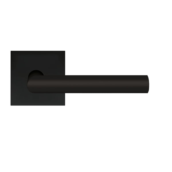 The Karcher Rhodos Passage Lever with Plan Design Square Rosette-2 ⅜″ Backset in Cosmos Black finish