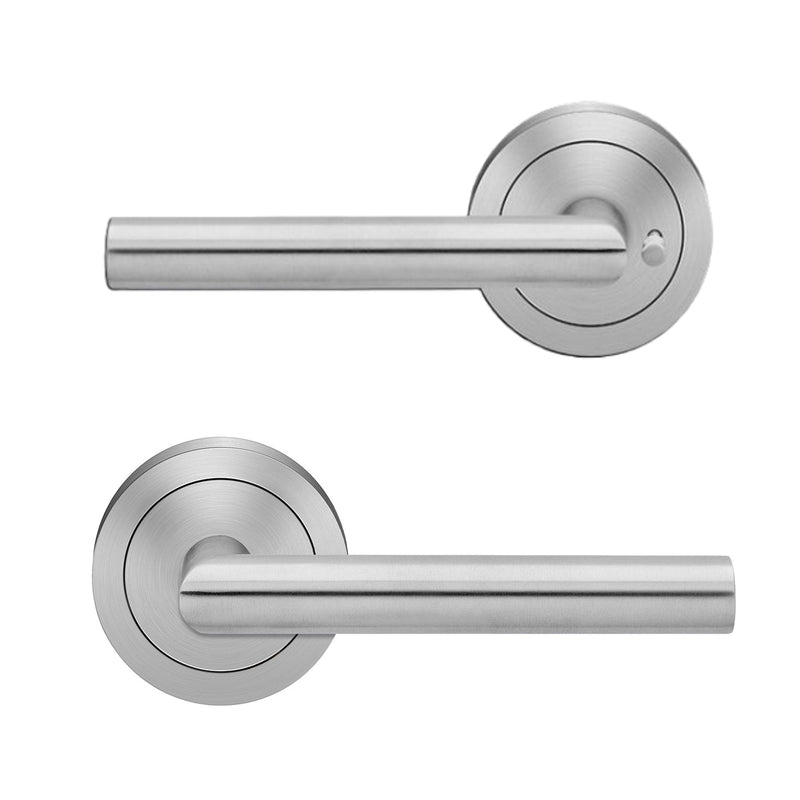 The Karcher Rhodos Privacy Lever with Round 3 Piece Rosette-2 ¾″ Backset in Satin Stainless Steel finish