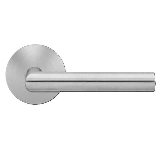 The Karcher Rhodos XL Passage Lever with Round Plan Design Rosette-2 ¾″ Backset in Satin Stainless Steel finish