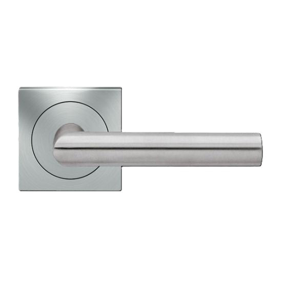 The Karcher Rhodos XL Passage Lever with Square 3 Piece Rosette-2 ⅜″ Backset in Satin Stainless Steel finish