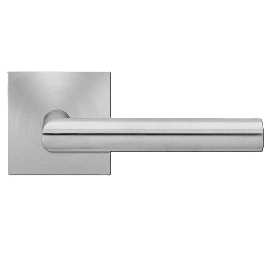 The Karcher Rhodos XL Passage Lever with Square Plan Design Rosette-2 ⅜″ Backset in Satin Stainless Steel finish