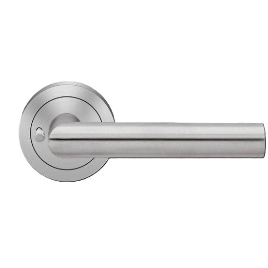 The Karcher Rhodos XL Privacy Lever with Round 3 Piece Rosette-2 ⅜″ Backset in Satin Stainless Steel finish