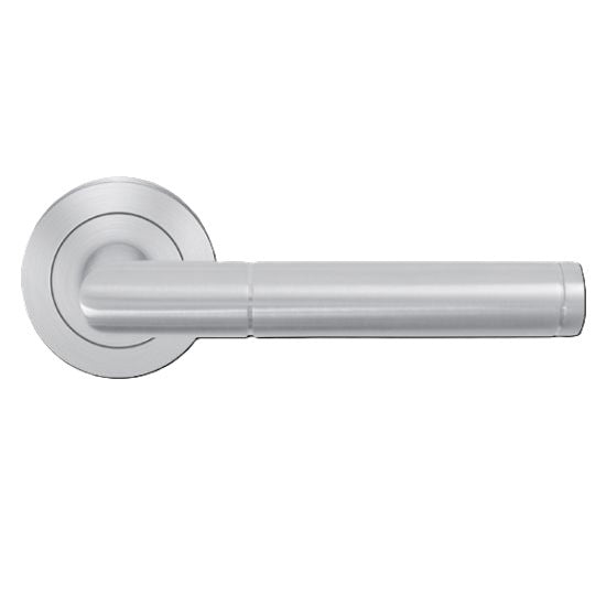 The Karcher Rio Steel Passage Lever with Round 3 Piece Rosette-2 ¾″ Backset in Satin Stainless Steel finish