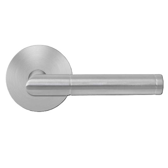 The Karcher Rio Steel Passage Lever with Round Plan Design Rosette-2 ⅜″ Backset in Satin Stainless Steel finish