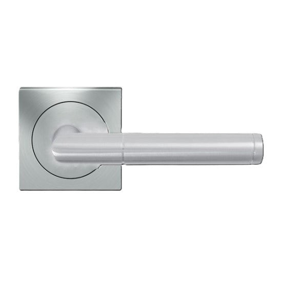 The Karcher Rio Steel Passage Lever with Square 3 Piece Rosette-2 ¾″ Backset in Satin Stainless Steel finish