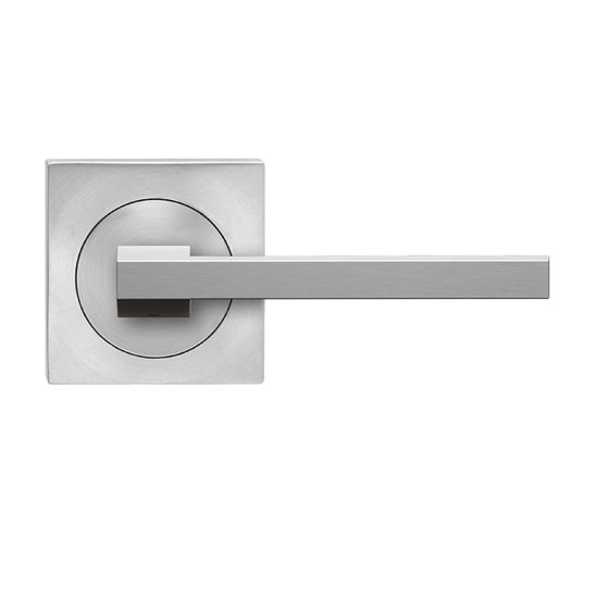 The Karcher Boston Passage Lever with Square 3 Piece Rosette-2 ⅜″ Backset in Satin Stainless Steel finish