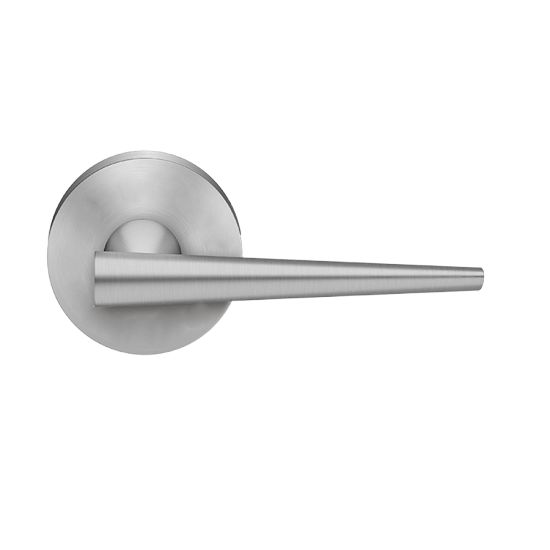 The Karcher Brooklyn Passage Lever with Plan Design Round Rosette-2 ¾″ Backset in Satin Stainless Steel finish