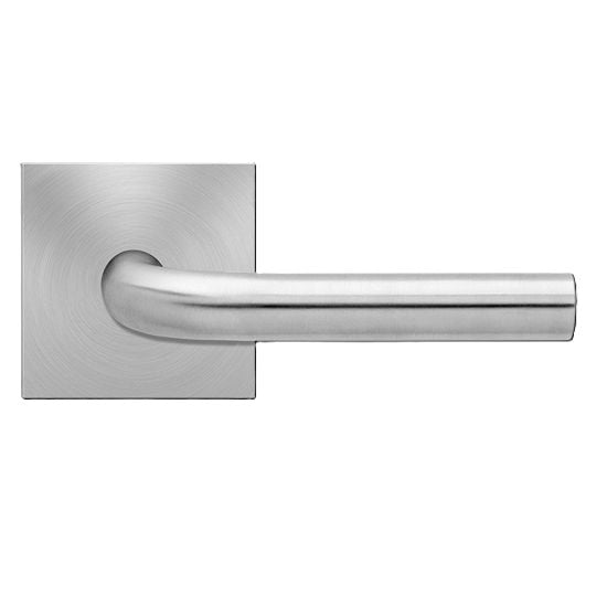 The Karcher Malta Passage Lever with Square Plan Design Rosette-2 ¾″ Backset in Satin Stainless Steel finish