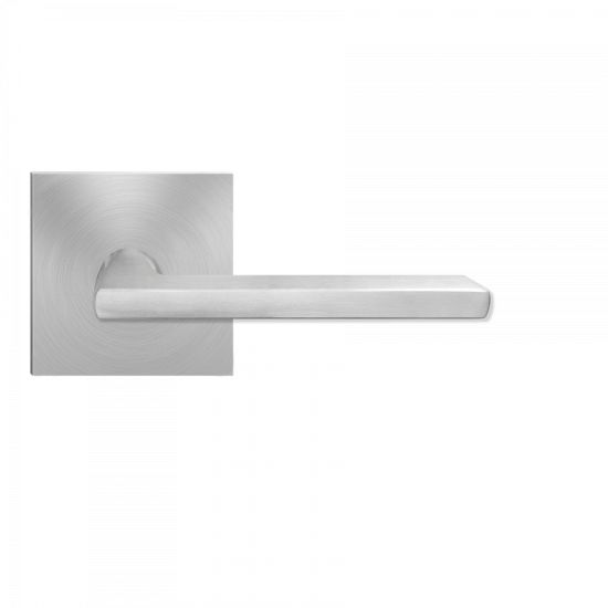 The Karcher Montana Passage Lever with Square Plan Design Rosette-2 ⅜″ Backset in Satin Stainless Steel finish