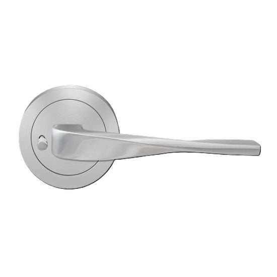 The Karcher Nevada Privacy Lever with Round 3 Piece Rosette-2 ¾″ Backset in Satin Stainless Steel finish