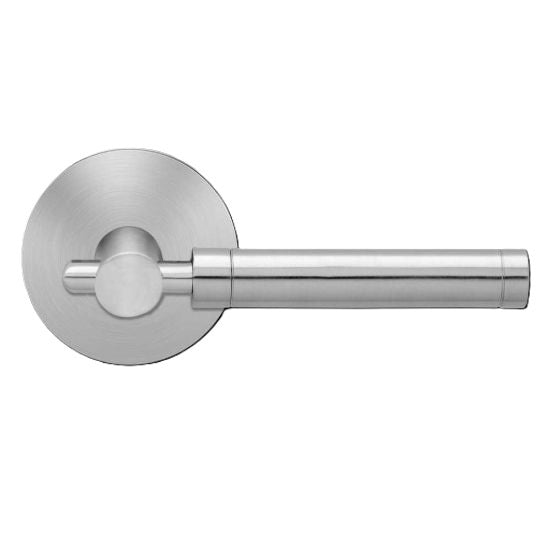 The Karcher New York Passage Lever with Round Plan Design Rosette-2 ¾″ Backset in Satin Stainless Steel finish