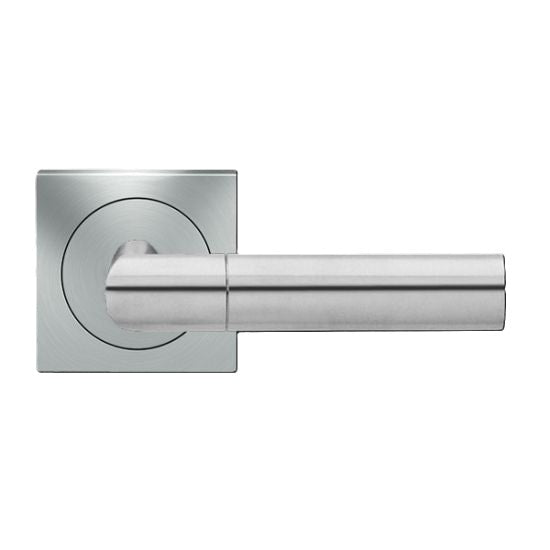 The Karcher Oregon Passage Lever with Square 3 Piece Rosette-2 ¾″ Backset in Satin Stainless Steel finish