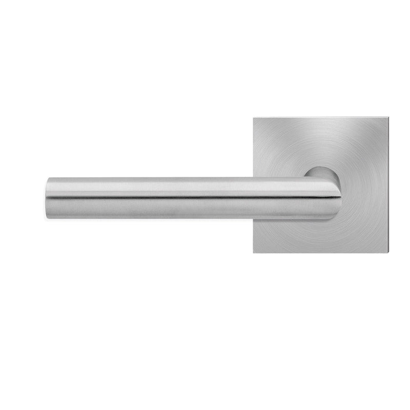 The Karcher Rhodos Left Handed Half Dummy Lever with Plan Design Square Rosette in Satin Stainless Steel finish