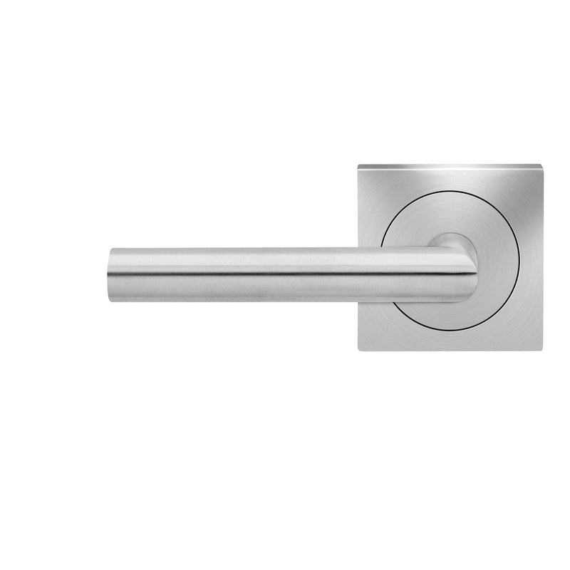 The Karcher Rhodos Left Handed Half Dummy Lever with Square 3 Piece Rosette in Satin Stainless Steel finish