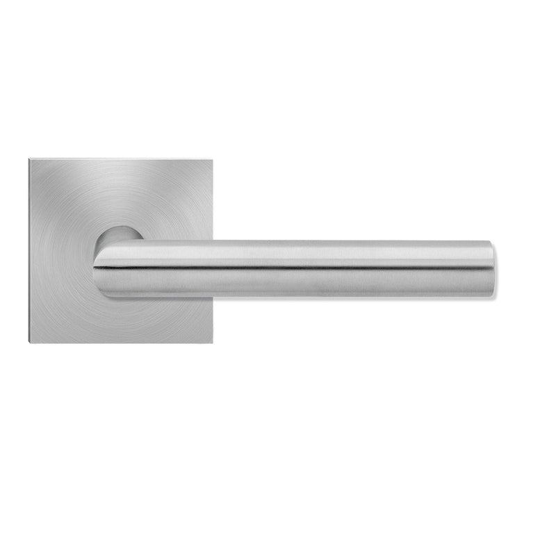 The Karcher Rhodos Passage Lever with Plan Design Square Rosette-2 ¾″ Backset in Satin Stainless Steel finish