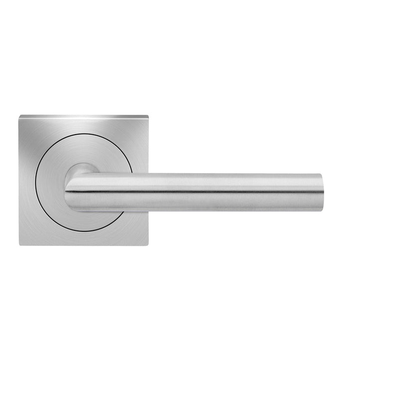 The Karcher Rhodos Passage Lever with Square 3 Piece Rosette-2 ¾″ Backset in Satin Stainless Steel finish