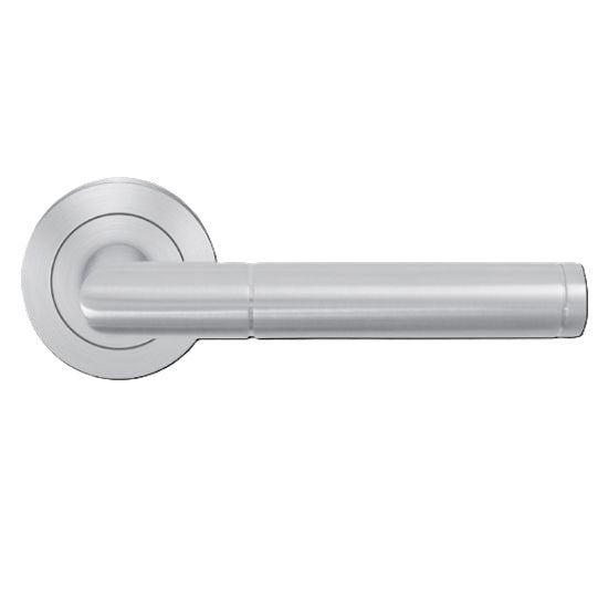 The Karcher Rio Steel Passage Lever with Round 3 Piece Rosette-2 ⅜″ Backset in Satin Stainless Steel finish