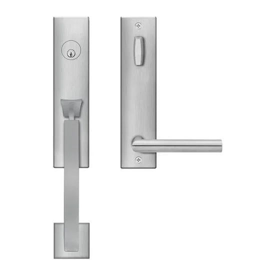 The Karcher Single Cylinder Entry Set Grip with Interior Rhodos Lever-2 3/4" Backset in Satin Stainless Steel finish