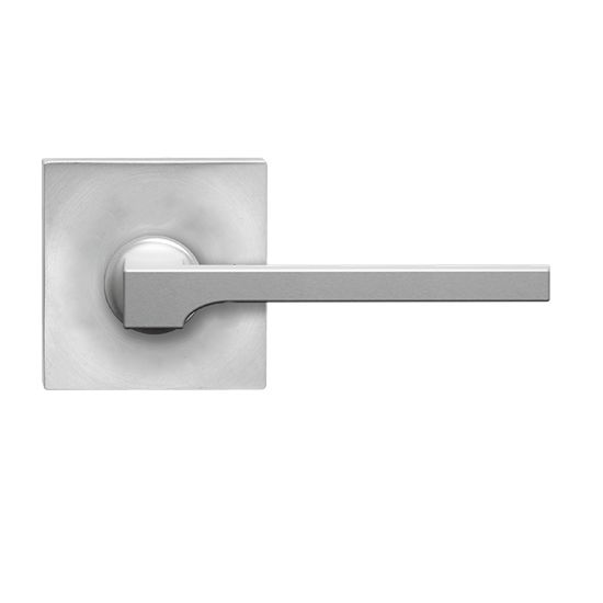 The Karcher Soho Passage Lever with Plan Design Square Rosette-2 ⅜″ Backset in Satin Stainless Steel finish