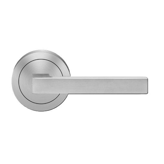 The Karcher Seattle Passage Lever with Round 3 Piece Rosette-2 ¾″ Backset in Satin Stainless Steel finish