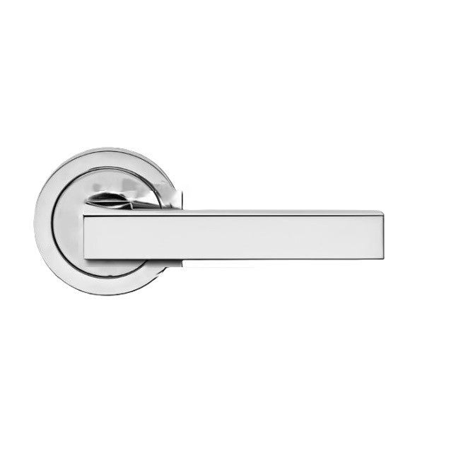 The Karcher Seattle Passage Lever with Round 3 Piece Rosette-2 ⅜″ Backset in Polished Stainless Steel finish