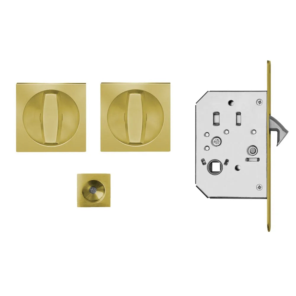Karcher Square Pocket Door Set in Satin Brass finish