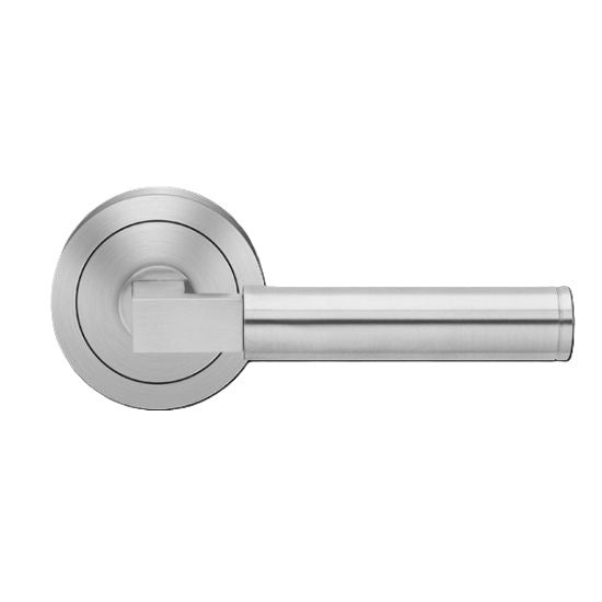 The Karcher Tasmania Passage Lever with Round 3 Piece Rosette - 2 ¾″ Backset in Satin Stainless Steel finish