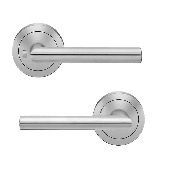 The Karcher Verona Privacy Lever with Round 3 Piece Rosette - 2 ¾″ Backset in Satin Stainless Steel finish