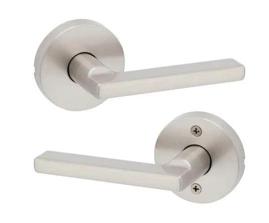 Kwikset Halifax Lever with Round Rosette Satin Nickel