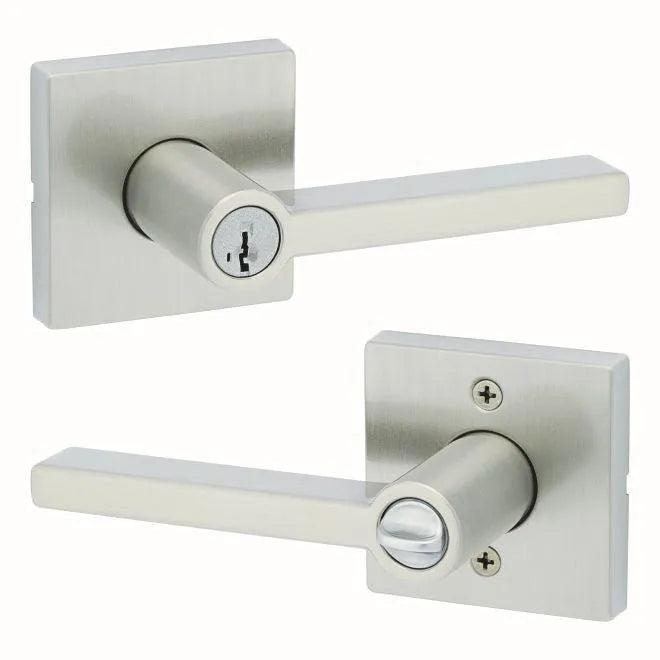 Kwikset Halifax Lever With Square Rosette Entry Door Lock With SmartKey in Satin Nickel finish